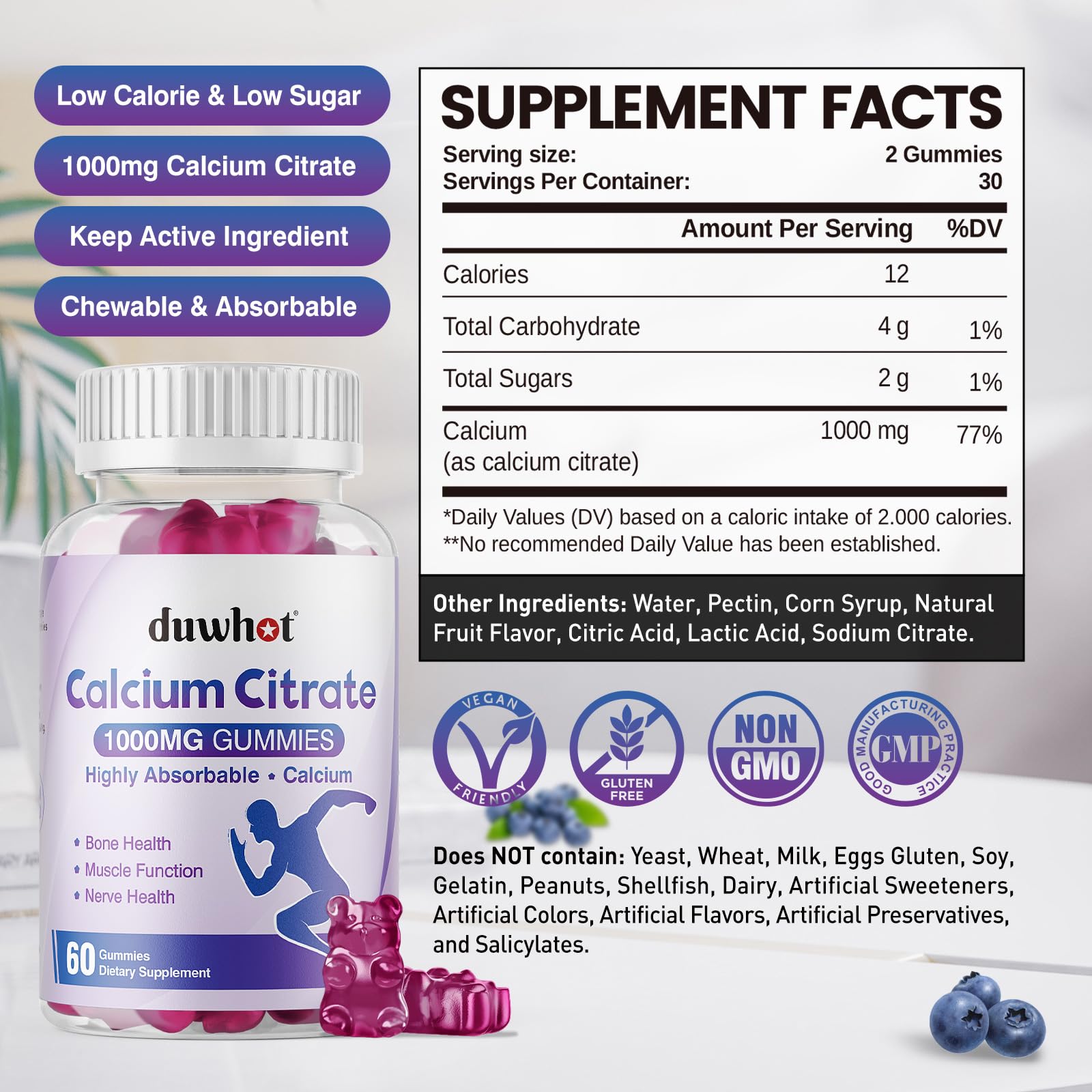 duwhot Calcium Citrate Gummies, Chewable Calcium Citrate 1000mg For Bone, Muscle & Immune Support, High Absorption Calcium Supplements for Women & Men - dailyvitalstore