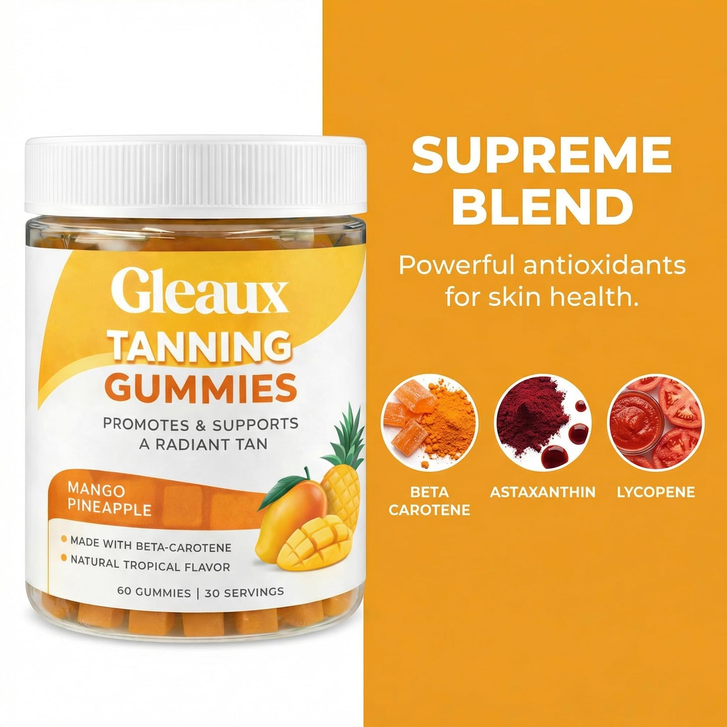 DXWXH Gleaux Tanning Gummies, Tanning Gummies for Women, Sunless Radiance Support with Beta Carotene, Astaxanthin & Lycopene, for Skin Health & Complexion Support, Mango Pineapple Flavor, 60 Gummies - dailyvitalstore