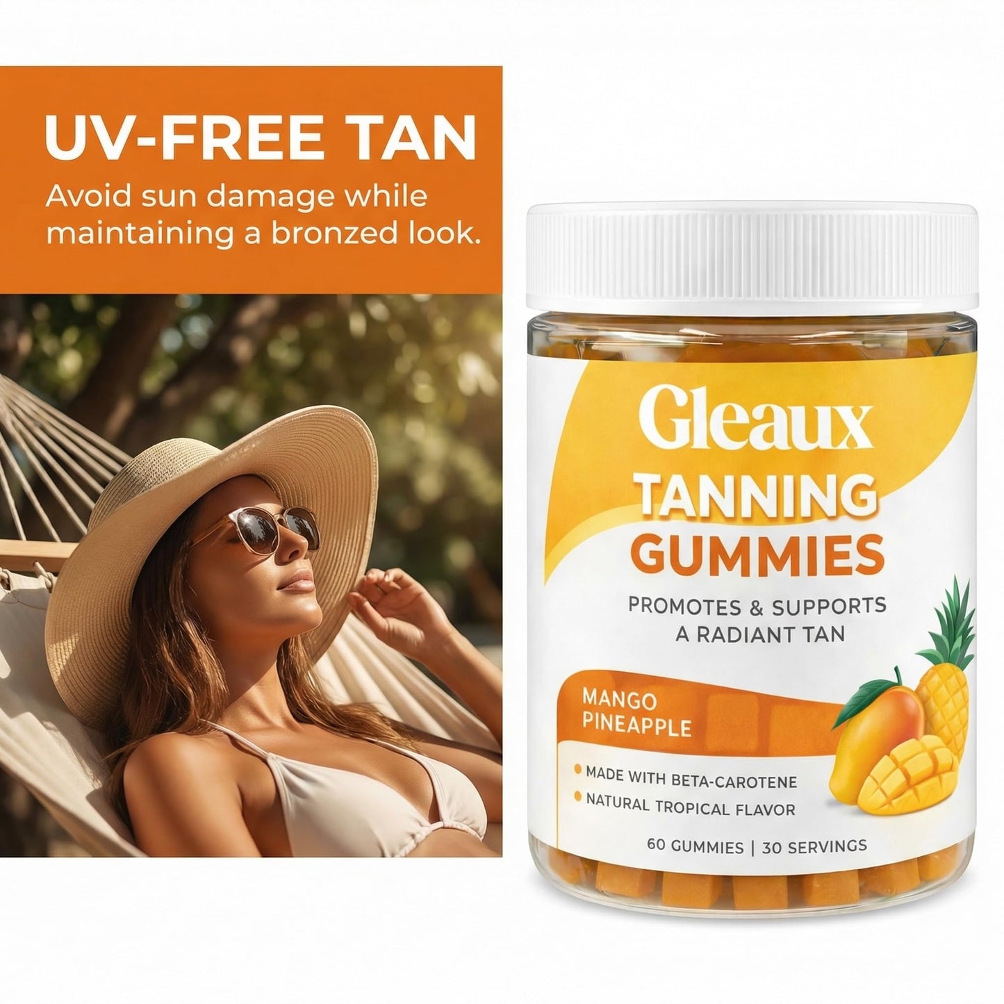 DXWXH Gleaux Tanning Gummies, Tanning Gummies for Women, Sunless Radiance Support with Beta Carotene, Astaxanthin & Lycopene, for Skin Health & Complexion Support, Mango Pineapple Flavor, 60 Gummies - dailyvitalstore