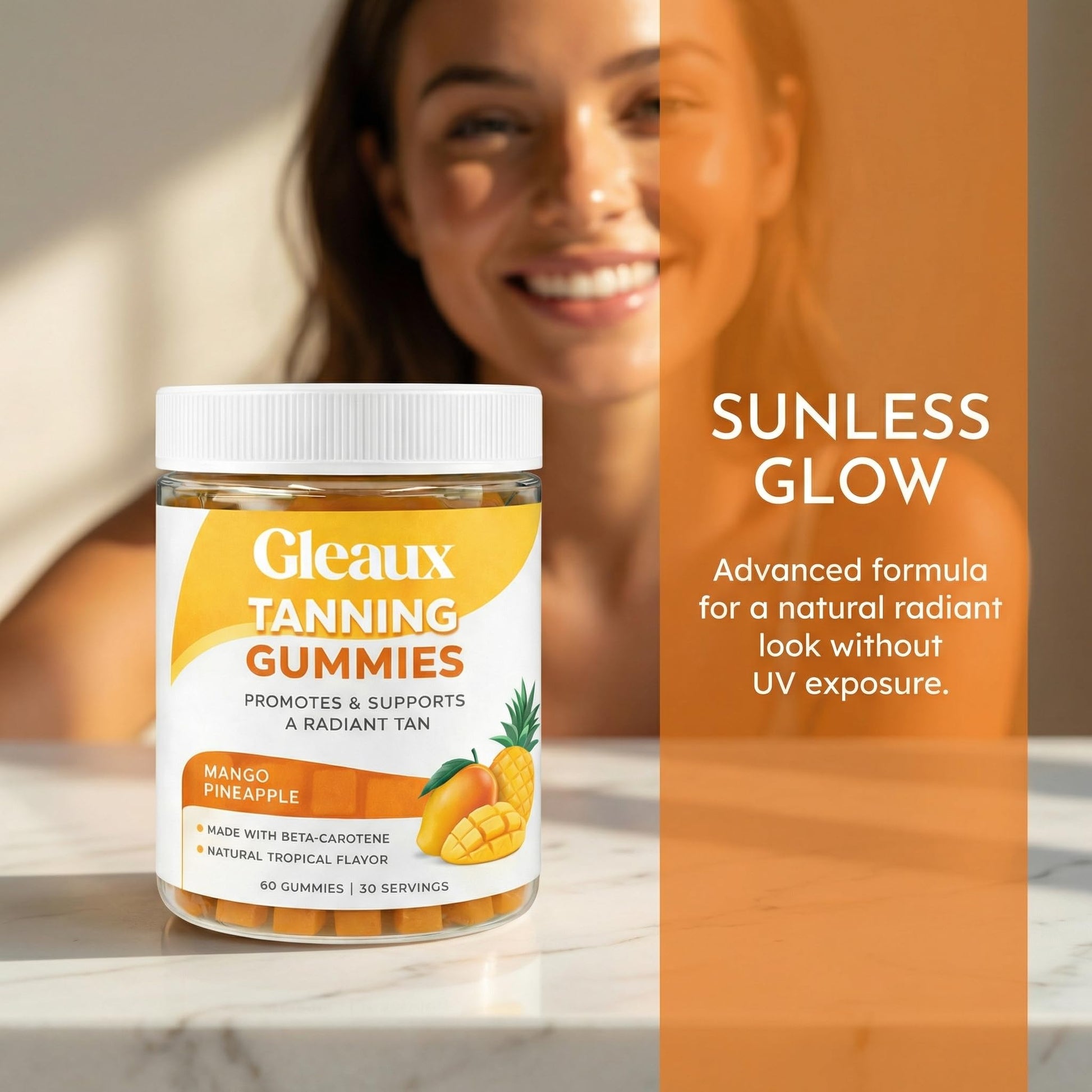 DXWXH Gleaux Tanning Gummies, Tanning Gummies for Women, Sunless Radiance Support with Beta Carotene, Astaxanthin & Lycopene, for Skin Health & Complexion Support, Mango Pineapple Flavor, 60 Gummies - dailyvitalstore