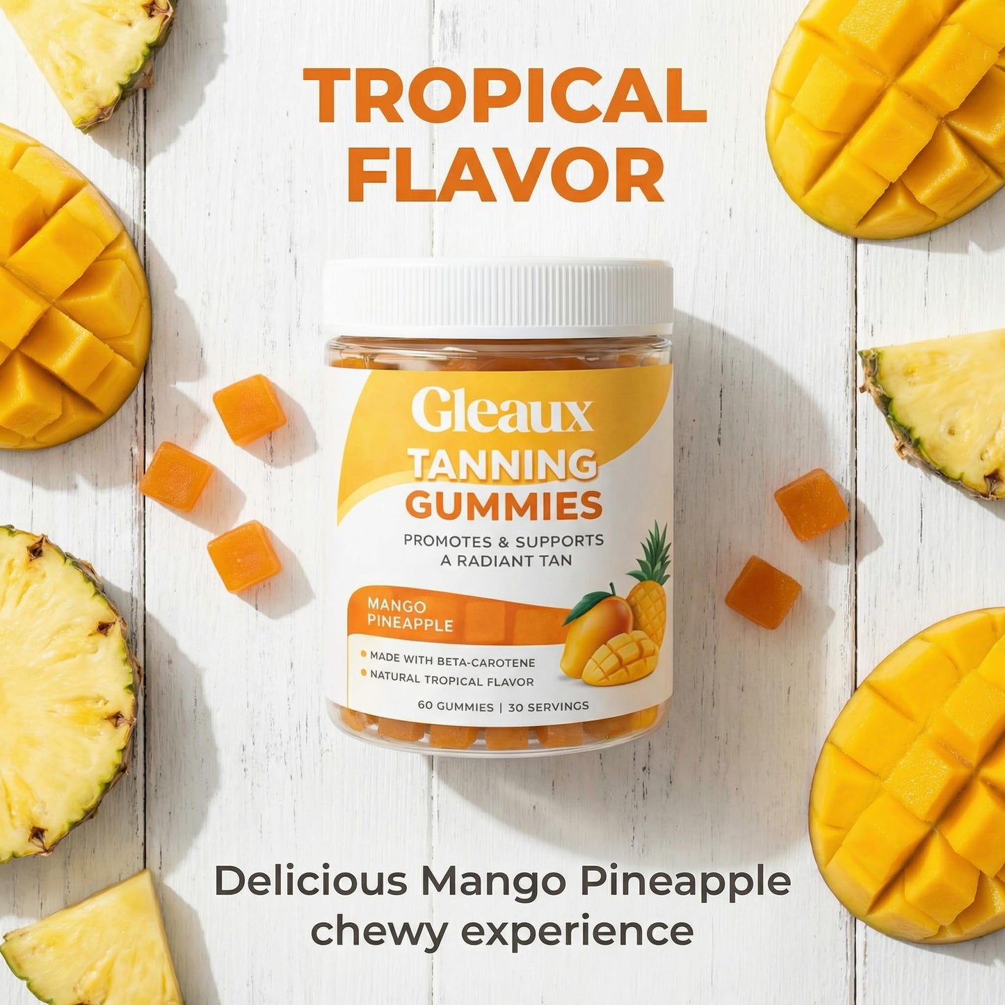 DXWXH Gleaux Tanning Gummies, Tanning Gummies for Women, Sunless Radiance Support with Beta Carotene, Astaxanthin & Lycopene, for Skin Health & Complexion Support, Mango Pineapple Flavor, 60 Gummies - dailyvitalstore