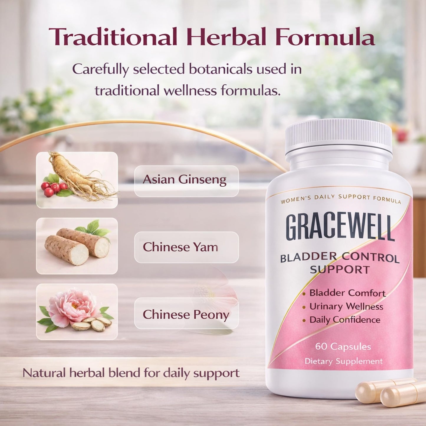 DXWXH Gracewell Bladder Wellness Supplement for Women & Men, Herbal Support with Asian Ginseng, Chinese Yam, Chinese Peony, Urinary Tract Health Formula, 60 Capsules (1) - dailyvitalstore
