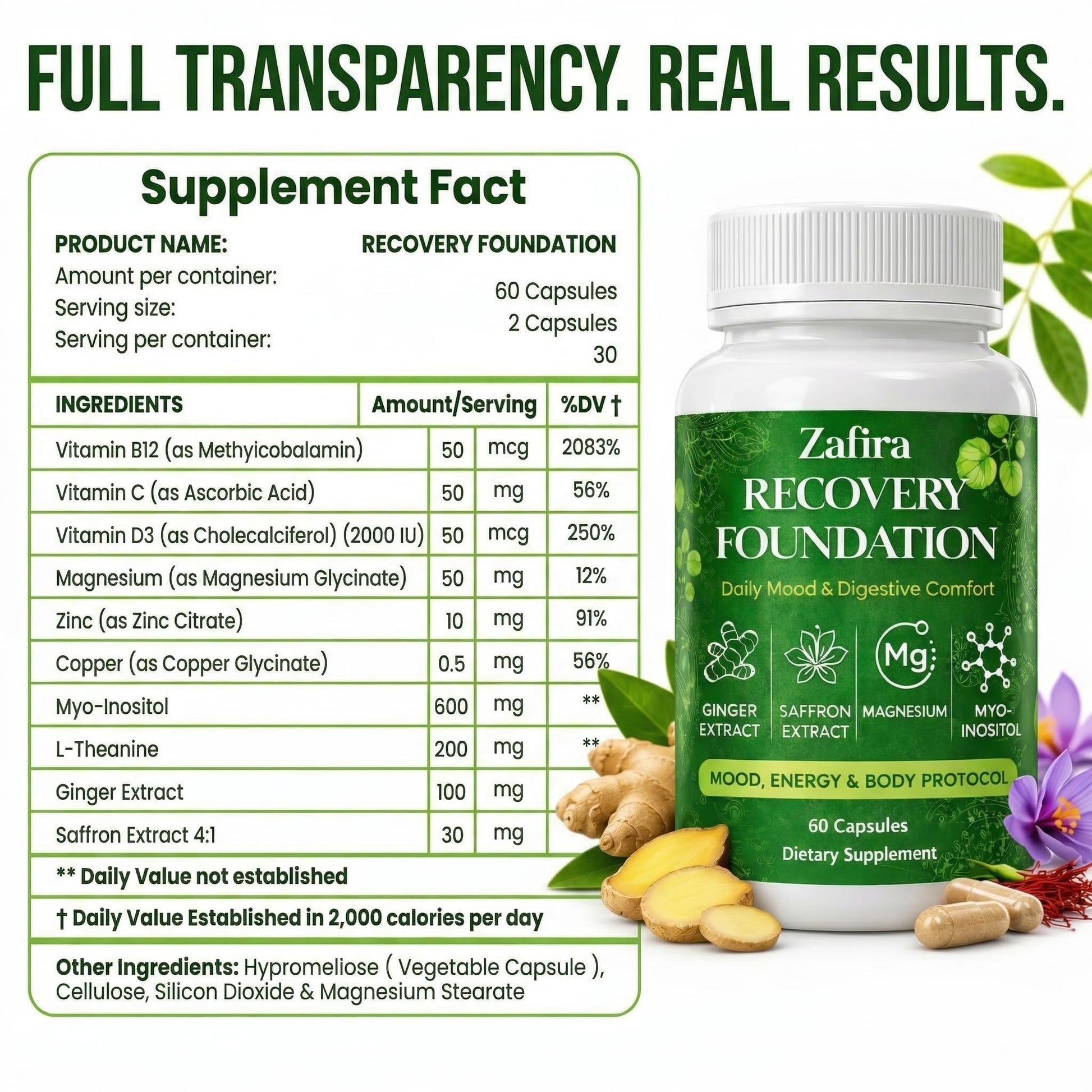 DYDUON Zafira Recovery Foundation Capsules – Mental Clarity, Hair & Mood Support, Natural Herbal Formula with Saffron Extract, Ginger Extract, L-Theanine, Myo-Inositol, Non-GMO, 60 Capsules - dailyvitalstore