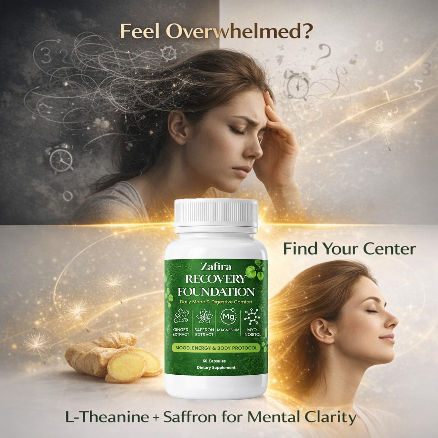 DYDUON Zafira Recovery Foundation Capsules – Mental Clarity, Hair & Mood Support, Natural Herbal Formula with Saffron Extract, Ginger Extract, L-Theanine, Myo-Inositol, Non-GMO, 60 Capsules - dailyvitalstore