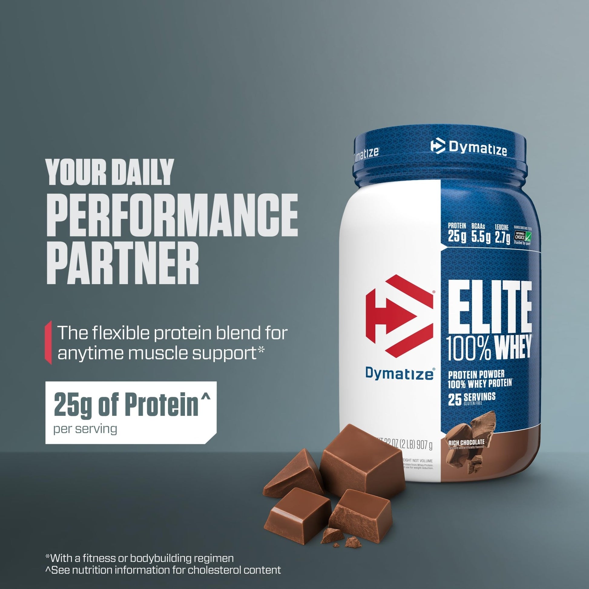 Dymatize Elite 100% Whey Protein Powder, Chocolate, 25g of Protein, 5.5g BCAAs, Less Than 140 Cal., Gluten Free, 3g Carb, 2g Sugar, 3g Fat (25 Servings) - dailyvitalstore