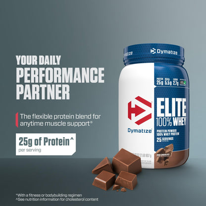 Dymatize Elite 100% Whey Protein Powder, Chocolate, 25g of Protein, 5.5g BCAAs, Less Than 140 Cal., Gluten Free, 3g Carb, 2g Sugar, 3g Fat (25 Servings) - dailyvitalstore