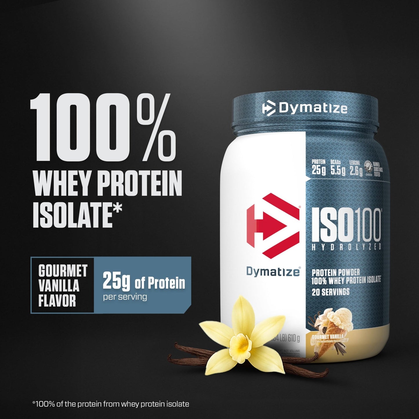 Dymatize ISO100 Whey Protein Powder Isolate, Gourmet Vanilla, 25g of Protein, 5.5g BCAAs, Less Than 120 Cal., Gluten Free - dailyvitalstore