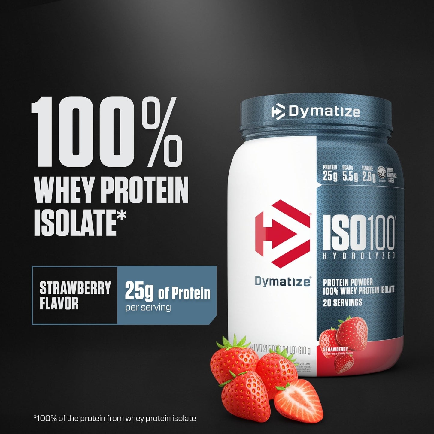 Dymatize ISO100 Whey Protein Powder Isolate, Strawberry, 25g of Protein, 5.5g BCAAs, Less Than 120 Cal., Gluten Free, - dailyvitalstore