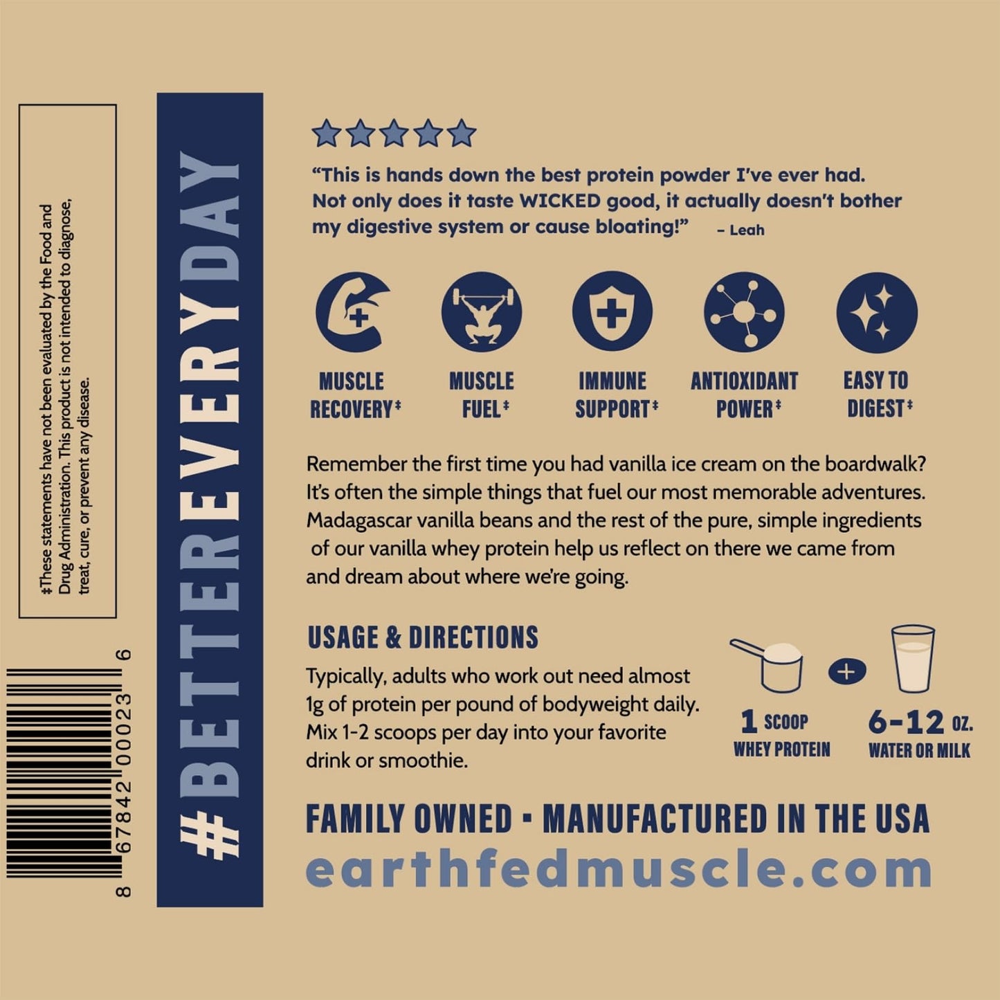Earth Fed Muscle Whey Back Irish Grass Fed Whey Protein Isolate, Third-Party Certified. 25g Protein, Vanilla - Non-GMO, Hormone Free, Soy Free, Gluten Free - 2 LB, 29 Servings - dailyvitalstore