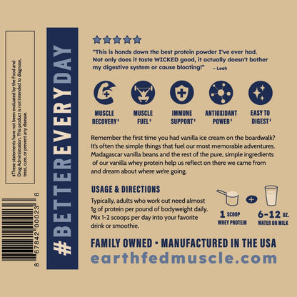 Earth Fed Muscle Whey Back Irish Grass Fed Whey Protein Isolate, Third-Party Certified. 25g Protein, Vanilla - Non-GMO, Hormone Free, Soy Free, Gluten Free - 2 LB, 29 Servings - dailyvitalstore