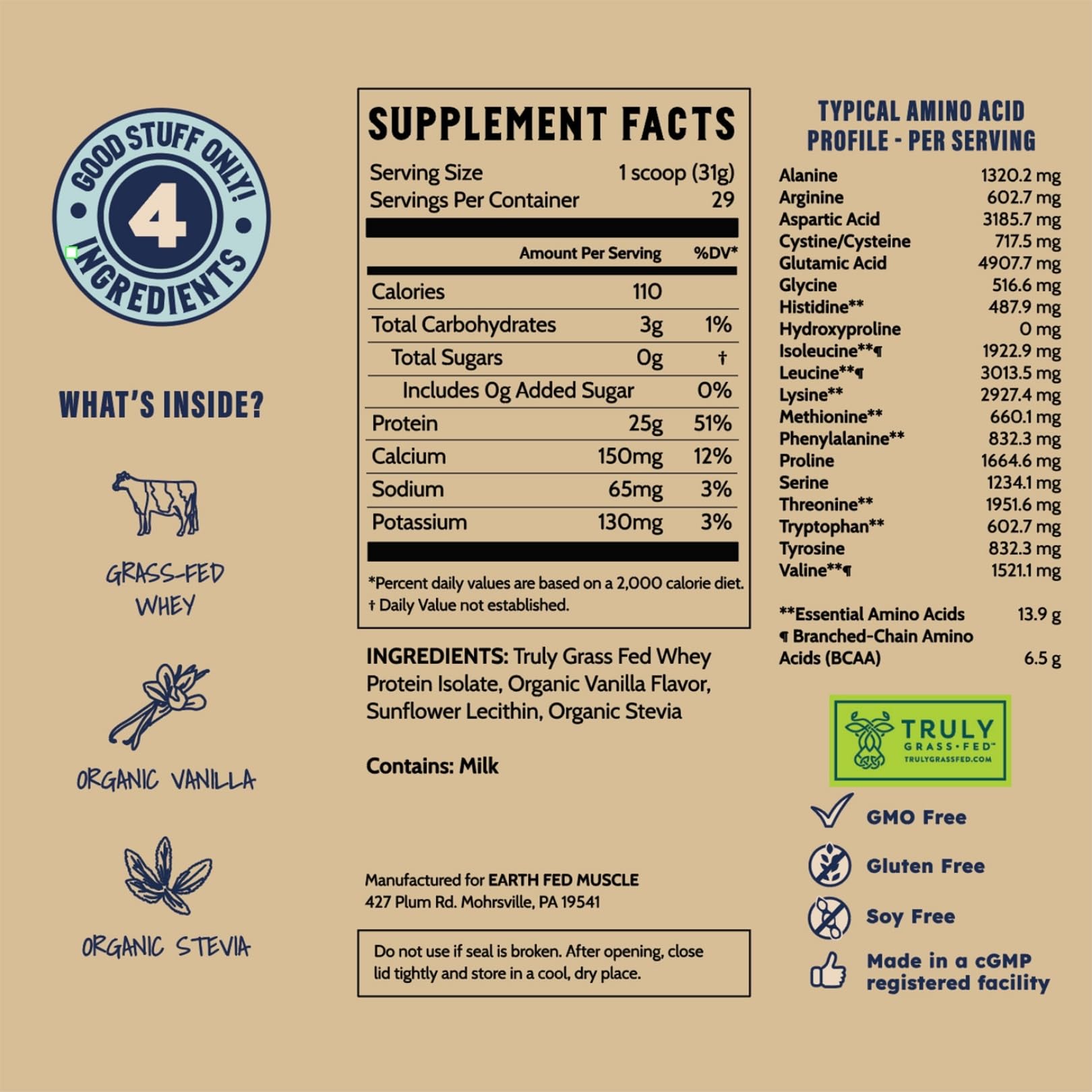 Earth Fed Muscle Whey Back Irish Grass Fed Whey Protein Isolate, Third-Party Certified. 25g Protein, Vanilla - Non-GMO, Hormone Free, Soy Free, Gluten Free - 2 LB, 29 Servings - dailyvitalstore
