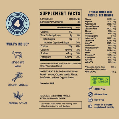 Earth Fed Muscle Whey Back Irish Grass Fed Whey Protein Isolate, Third-Party Certified. 25g Protein, Vanilla - Non-GMO, Hormone Free, Soy Free, Gluten Free - 2 LB, 29 Servings - dailyvitalstore