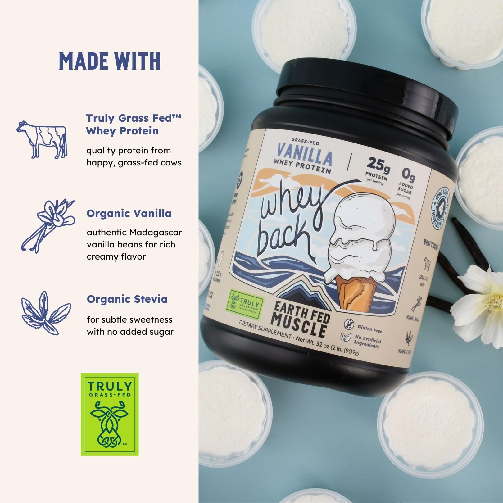 Earth Fed Muscle Whey Back Irish Grass Fed Whey Protein Isolate, Third-Party Certified. 25g Protein, Vanilla - Non-GMO, Hormone Free, Soy Free, Gluten Free - 2 LB, 29 Servings - dailyvitalstore