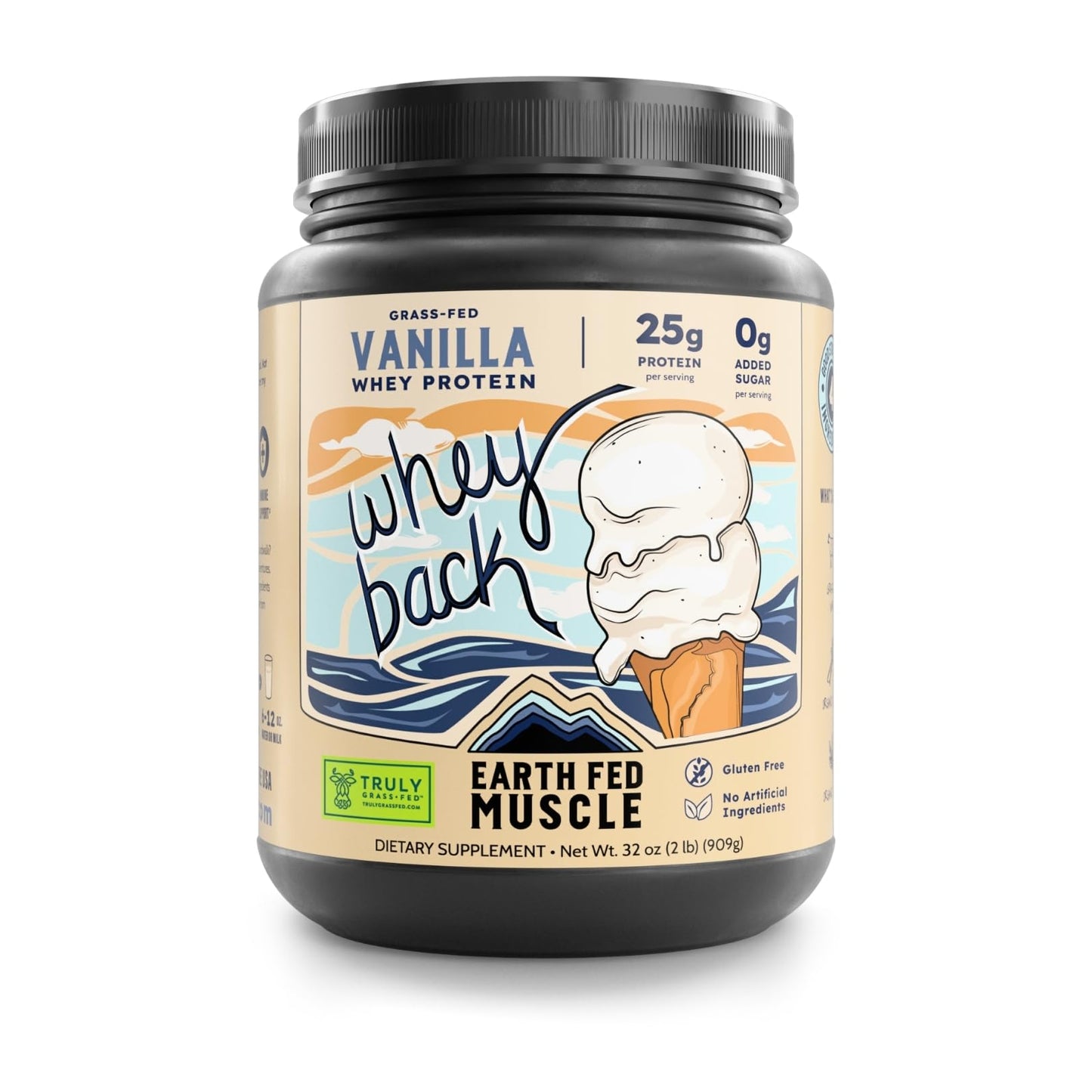 Earth Fed Muscle Whey Back Irish Grass Fed Whey Protein Isolate, Third-Party Certified. 25g Protein, Vanilla - Non-GMO, Hormone Free, Soy Free, Gluten Free - 2 LB, 29 Servings - dailyvitalstore