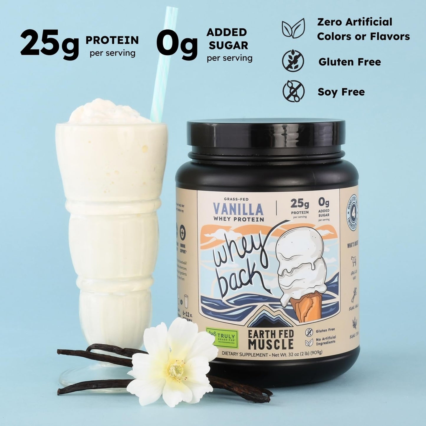 Earth Fed Muscle Whey Back Irish Grass Fed Whey Protein Isolate, Third-Party Certified. 25g Protein, Vanilla - Non-GMO, Hormone Free, Soy Free, Gluten Free - 2 LB, 29 Servings - dailyvitalstore
