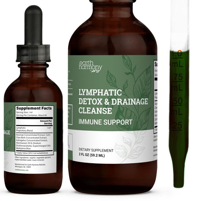 Earth Harmony Lymphatic Drainage Drops, Lymph Detox - Supplement with Soursop, Cat's Claw Bark, Astragalus, Wormwood, Lymph Node Detox, Lymphatic Support Cleanse (2 Oz) - dailyvitalstore