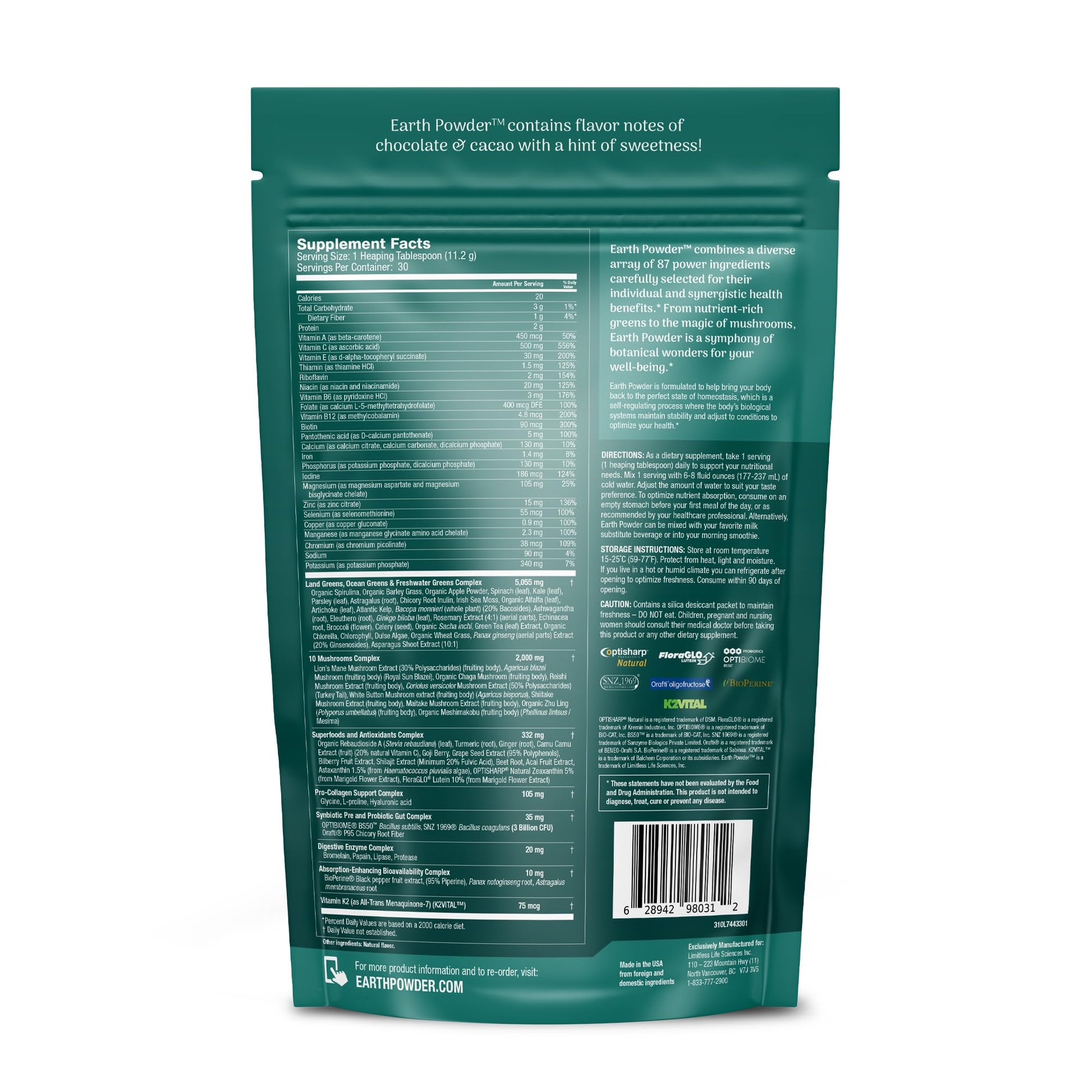 Earth Powder Daily Foundational Nutrition Supplement with 28 Greens & 10 Mushrooms | 87 Nutrients for Energy, Gut Health & Mental Clarity - dailyvitalstore