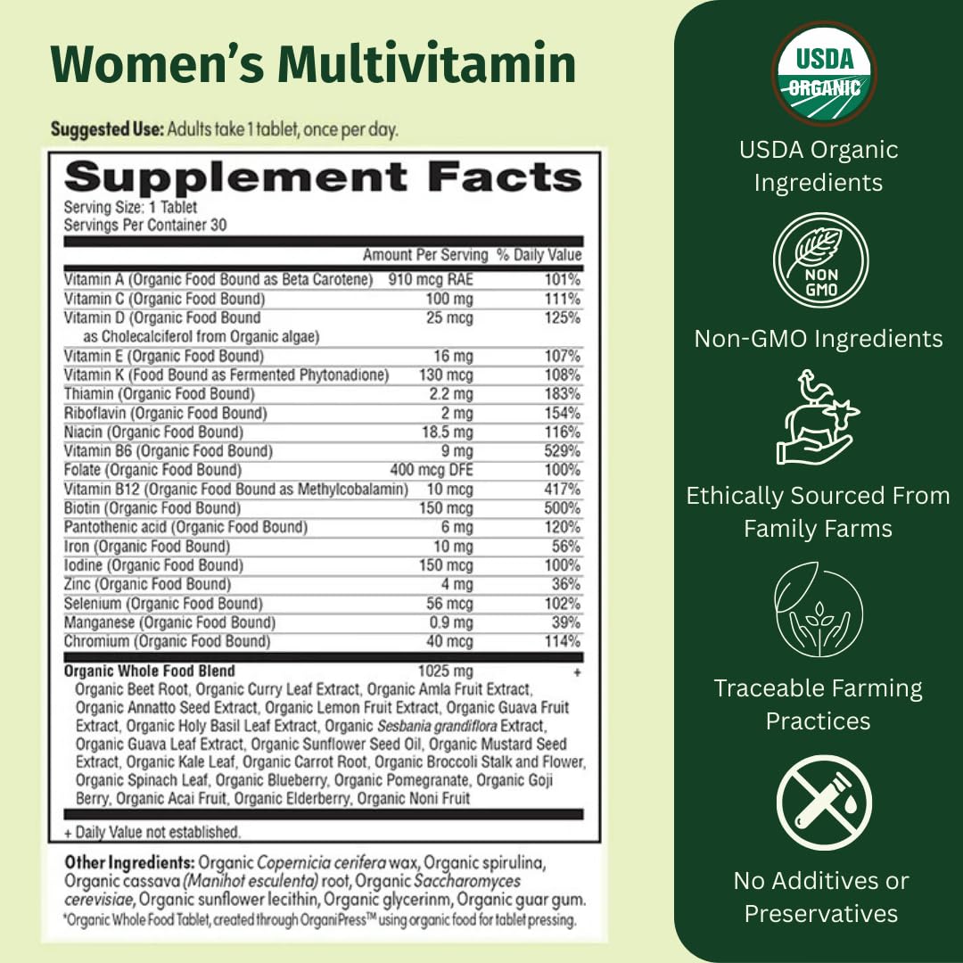 EarthFirst Organic Women’s Multi Once Daily, Women's Multivitamin, Iron, Vitamin B12 & More, 19 Vitamins from Herbs & Superfoods, 30 Count - dailyvitalstore