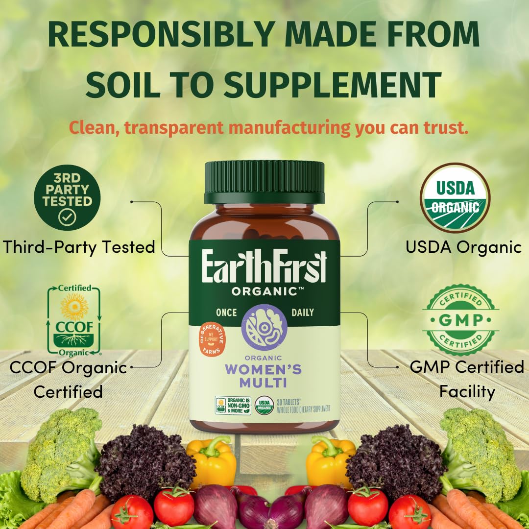 EarthFirst Organic Women’s Multi Once Daily, Women's Multivitamin, Iron, Vitamin B12 & More, 19 Vitamins from Herbs & Superfoods, 30 Count - dailyvitalstore