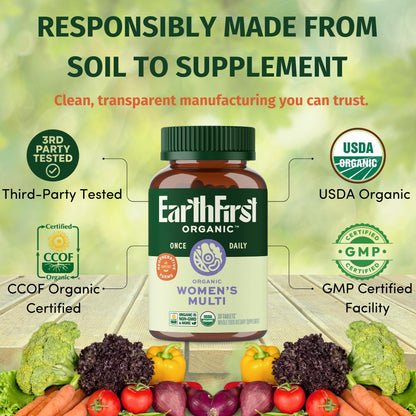 EarthFirst Organic Women’s Multi Once Daily, Women's Multivitamin, Iron, Vitamin B12 & More, 19 Vitamins from Herbs & Superfoods, 30 Count - dailyvitalstore