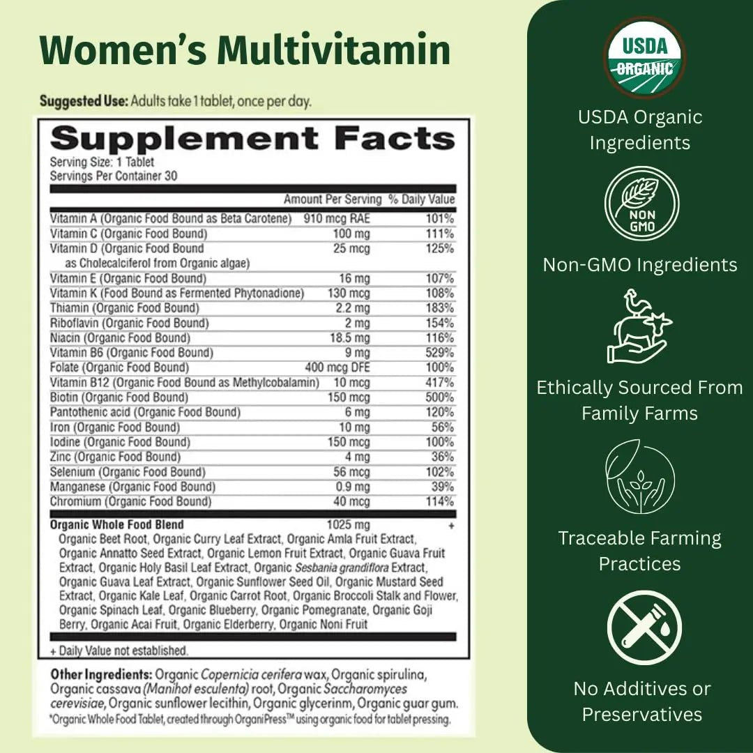 EarthFirst Organic Women’s Multi Once Daily, Women's Multivitamin, Iron, Vitamin B12 & More, 19 Vitamins from Herbs & Superfoods, 30 Count - dailyvitalstore