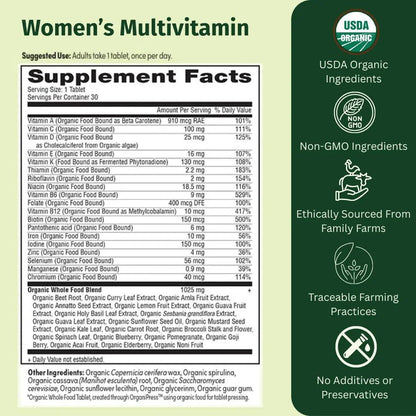 EarthFirst Organic Women’s Multi Once Daily, Women's Multivitamin, Iron, Vitamin B12 & More, 19 Vitamins from Herbs & Superfoods, 30 Count - dailyvitalstore