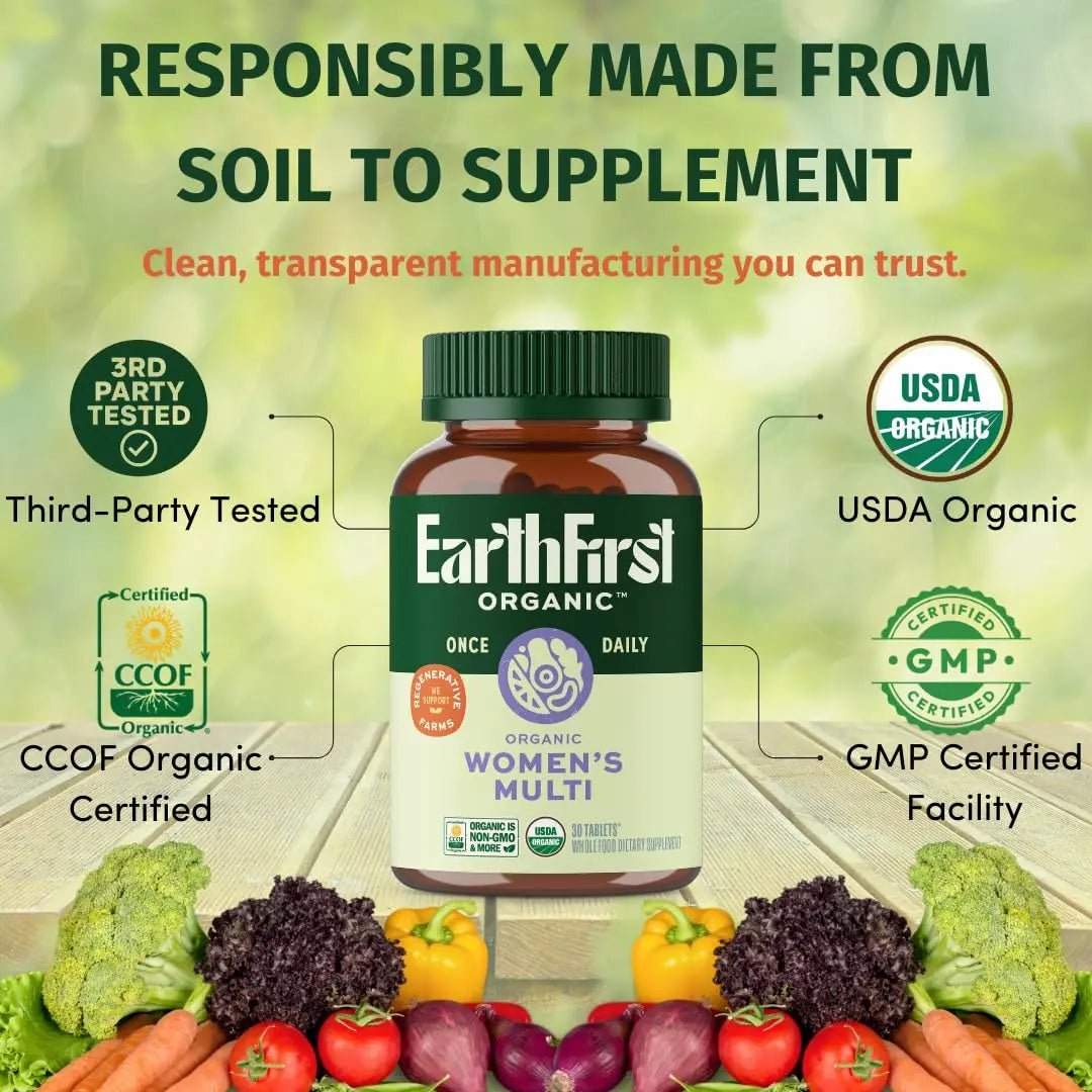 EarthFirst Organic Women’s Multi Once Daily, Women's Multivitamin, Iron, Vitamin B12 & More, 19 Vitamins from Herbs & Superfoods, 30 Count - dailyvitalstore