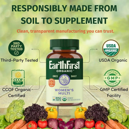 EarthFirst Organic Women’s Multi Once Daily, Women's Multivitamin, Iron, Vitamin B12 & More, 19 Vitamins from Herbs & Superfoods, 30 Count - dailyvitalstore
