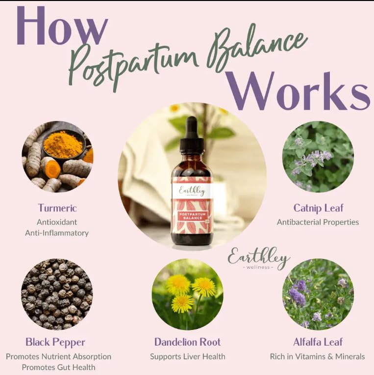 Earthley Wellness Postpartum Balance, Supports and Balances Female Hormones, Supports Postpartum Recovery, Smooths Out Mood Swings, Essential Herbs Like Dandelion Root, Catnip, & Alfalfa (2oz) - dailyvitalstore