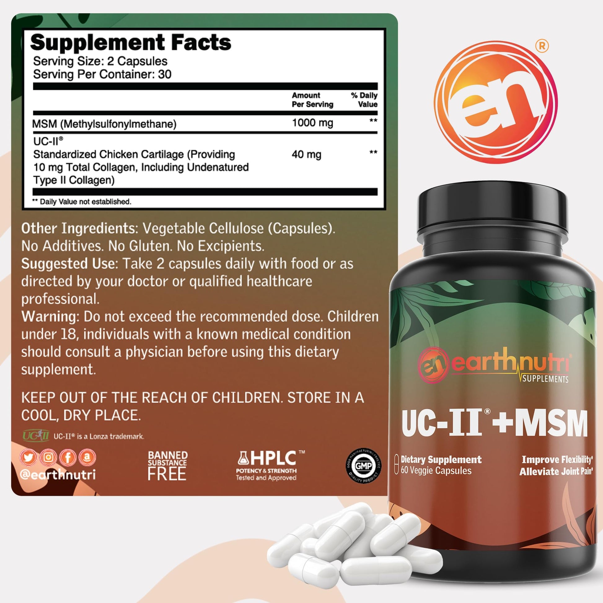 EarthNutri UC-II Collagen & MSM Supplement for Bone Health and Joint Flexibility Joint Supplement - 40mg UC-II Providing 10mg Total Collagen & 1000mg MSM - 60 Capsules (2 Caps Daily) - dailyvitalstore