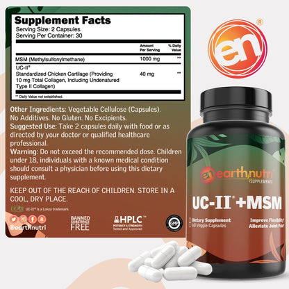 EarthNutri UC-II Collagen & MSM Supplement for Bone Health and Joint Flexibility Joint Supplement - 40mg UC-II Providing 10mg Total Collagen & 1000mg MSM - 60 Capsules (2 Caps Daily) - dailyvitalstore