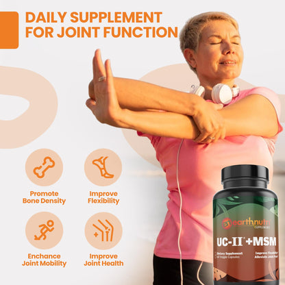 EarthNutri UC-II Collagen & MSM Supplement for Bone Health and Joint Flexibility Joint Supplement - 40mg UC-II Providing 10mg Total Collagen & 1000mg MSM - 60 Capsules (2 Caps Daily) - dailyvitalstore