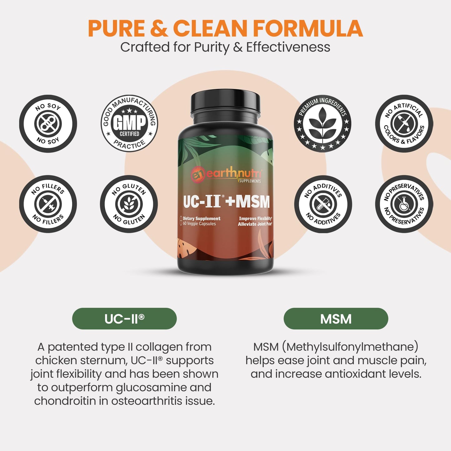 EarthNutri UC-II Collagen & MSM Supplement for Bone Health and Joint Flexibility Joint Supplement - 40mg UC-II Providing 10mg Total Collagen & 1000mg MSM - 60 Capsules (2 Caps Daily) - dailyvitalstore
