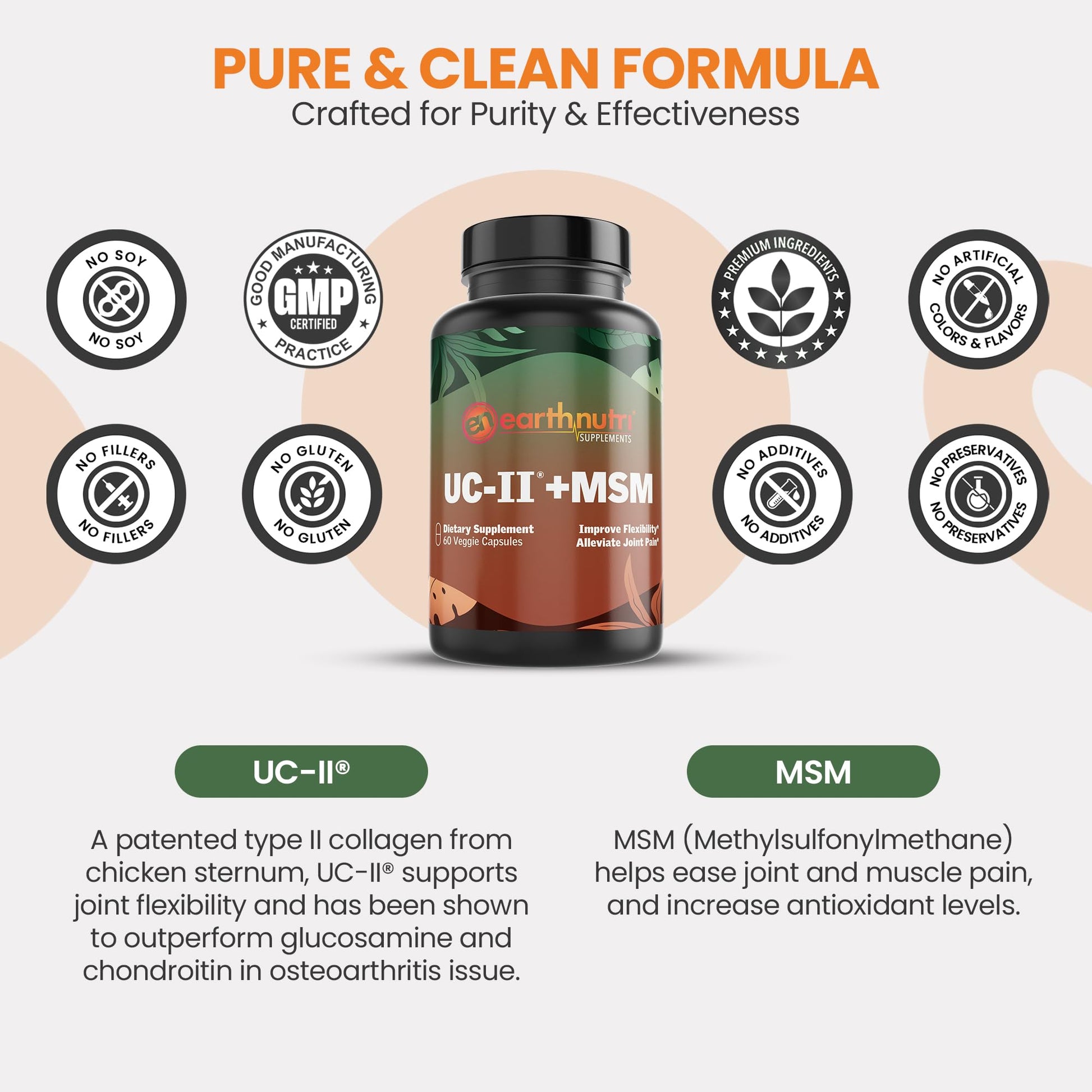 EarthNutri UC-II Collagen & MSM Supplement for Bone Health and Joint Flexibility Joint Supplement - 40mg UC-II Providing 10mg Total Collagen & 1000mg MSM - 60 Capsules (2 Caps Daily) - dailyvitalstore