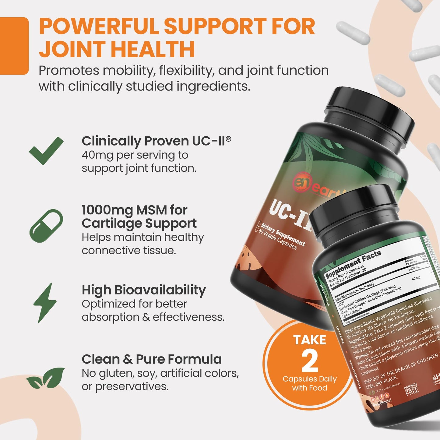 EarthNutri UC-II Collagen & MSM Supplement for Bone Health and Joint Flexibility Joint Supplement - 40mg UC-II Providing 10mg Total Collagen & 1000mg MSM - 60 Capsules (2 Caps Daily) - dailyvitalstore
