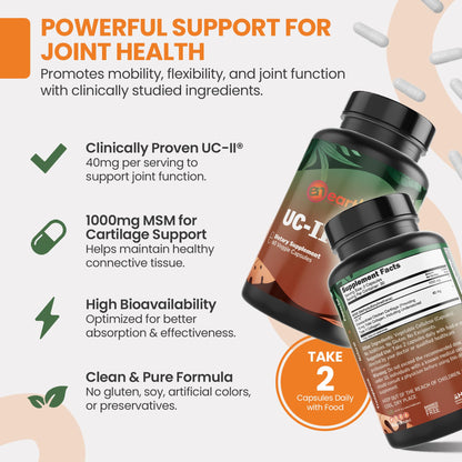 EarthNutri UC-II Collagen & MSM Supplement for Bone Health and Joint Flexibility Joint Supplement - 40mg UC-II Providing 10mg Total Collagen & 1000mg MSM - 60 Capsules (2 Caps Daily) - dailyvitalstore