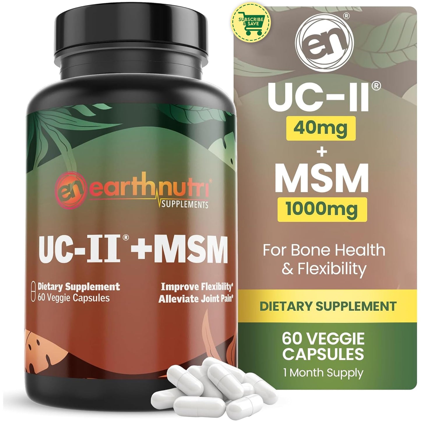 EarthNutri UC-II Collagen & MSM Supplement for Bone Health and Joint Flexibility Joint Supplement - 40mg UC-II Providing 10mg Total Collagen & 1000mg MSM - 60 Capsules (2 Caps Daily) - dailyvitalstore