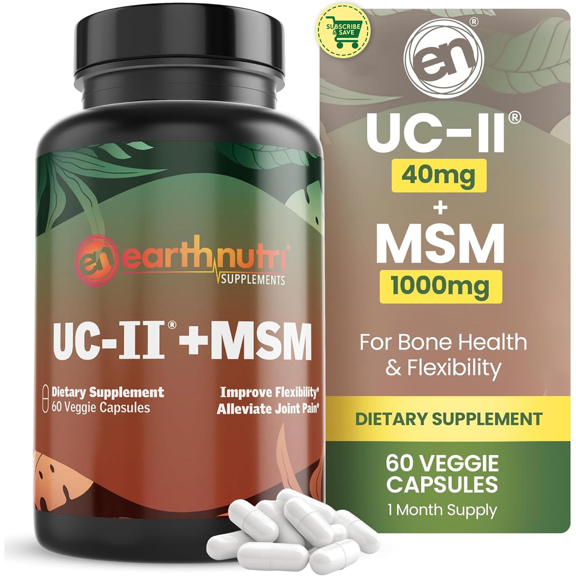 EarthNutri UC-II Collagen & MSM Supplement for Bone Health and Joint Flexibility Joint Supplement - 40mg UC-II Providing 10mg Total Collagen & 1000mg MSM - 60 Capsules (2 Caps Daily) - dailyvitalstore