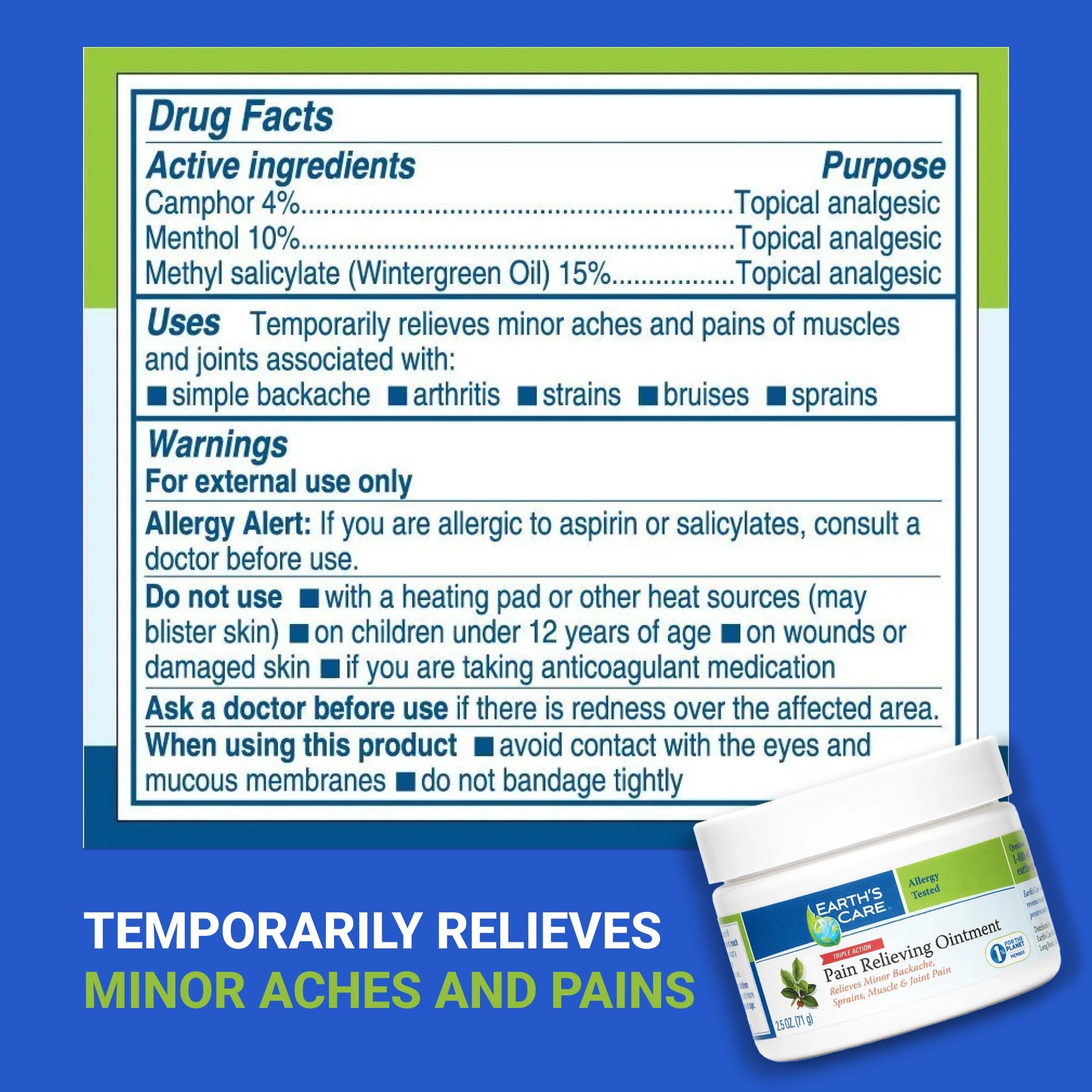 Earth's Care Pain Relieving Ointment - Triple Action Muscle and Joint Pain Relief Cream - Topical Analgesic 2.5 oz (3 Jars) - dailyvitalstore