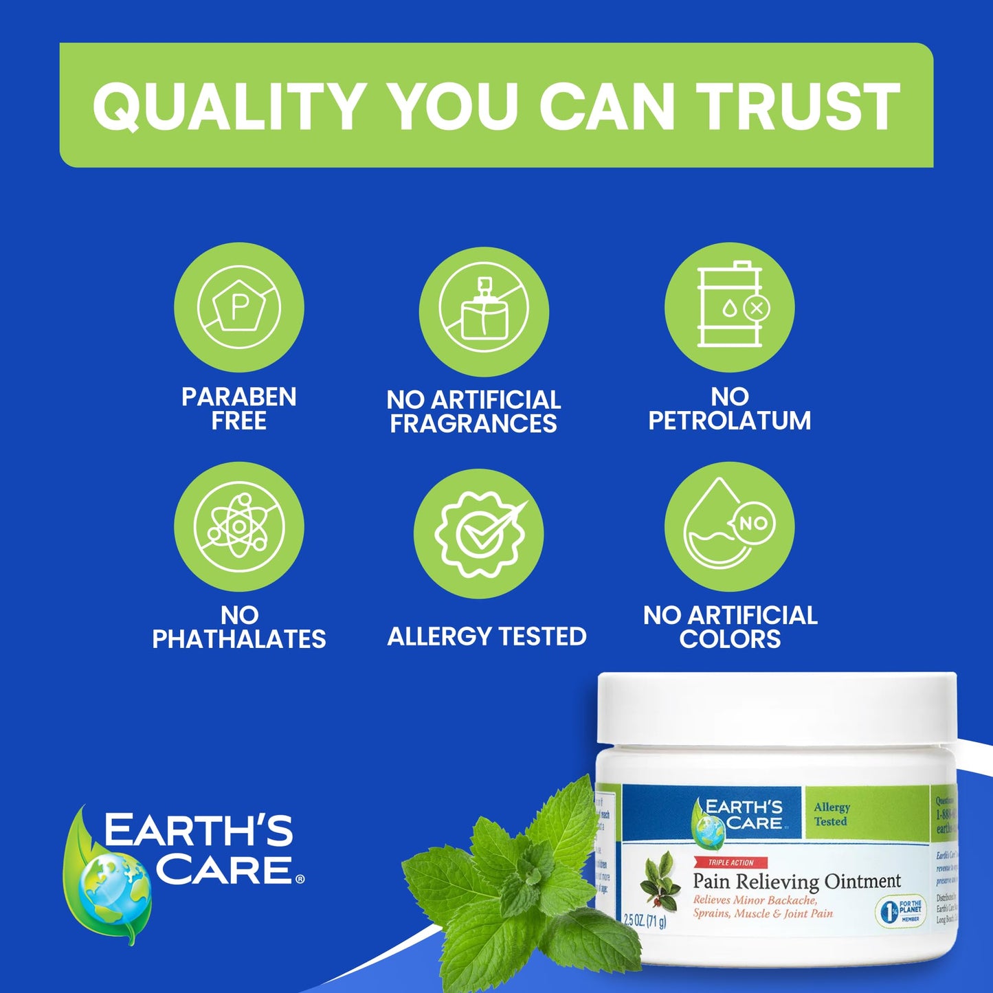 Earth's Care Triple Action Pain Relieving Ointment, No Parabens, Colors or Fragrances, Allergy-Tested 2.5 OZ. (2 Jars) - dailyvitalstore