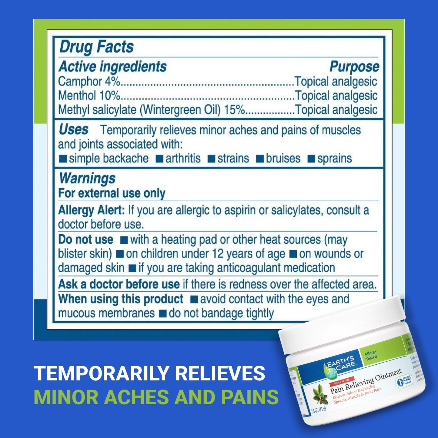Earth's Care Triple Action Pain Relieving Ointment, No Parabens, Colors or Fragrances, Allergy-Tested 2.5 OZ. (2 Jars) - dailyvitalstore