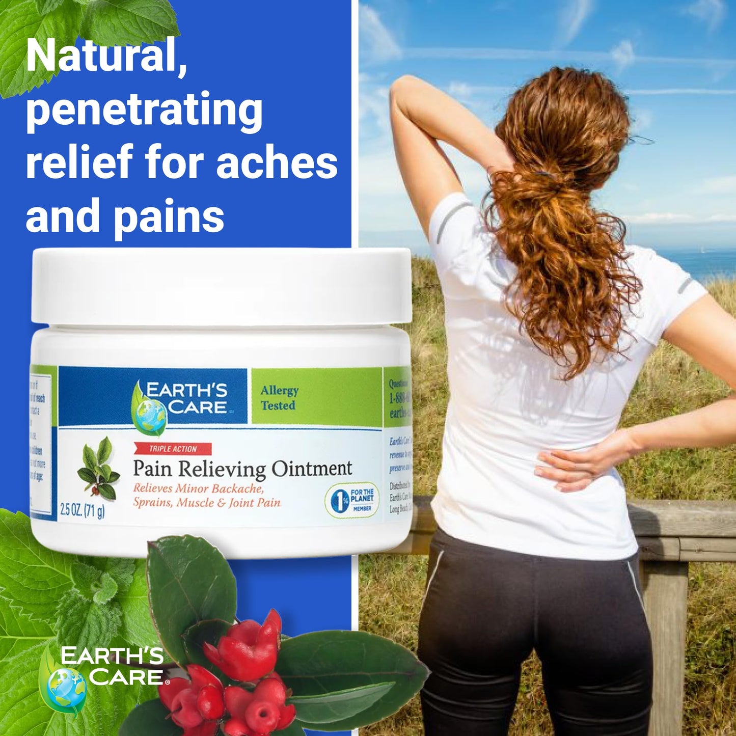 Earth's Care Triple Action Pain Relieving Ointment, No Parabens, Colors or Fragrances, Allergy-Tested 2.5 OZ. (2 Jars) - dailyvitalstore