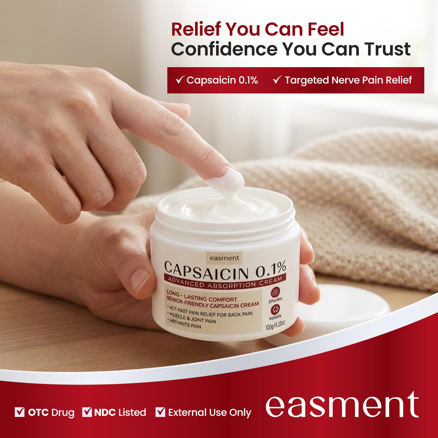 Easment Capsaicin Pain Relief Cream – Topical Arthritis & Muscle Pain Relief for Joint, Nerve & Back Pain – Medicated Pain Cream with Capsaicin 0.1% – Arnica, Aloe & Chamomile, 4.23 Fl Oz - dailyvitalstore