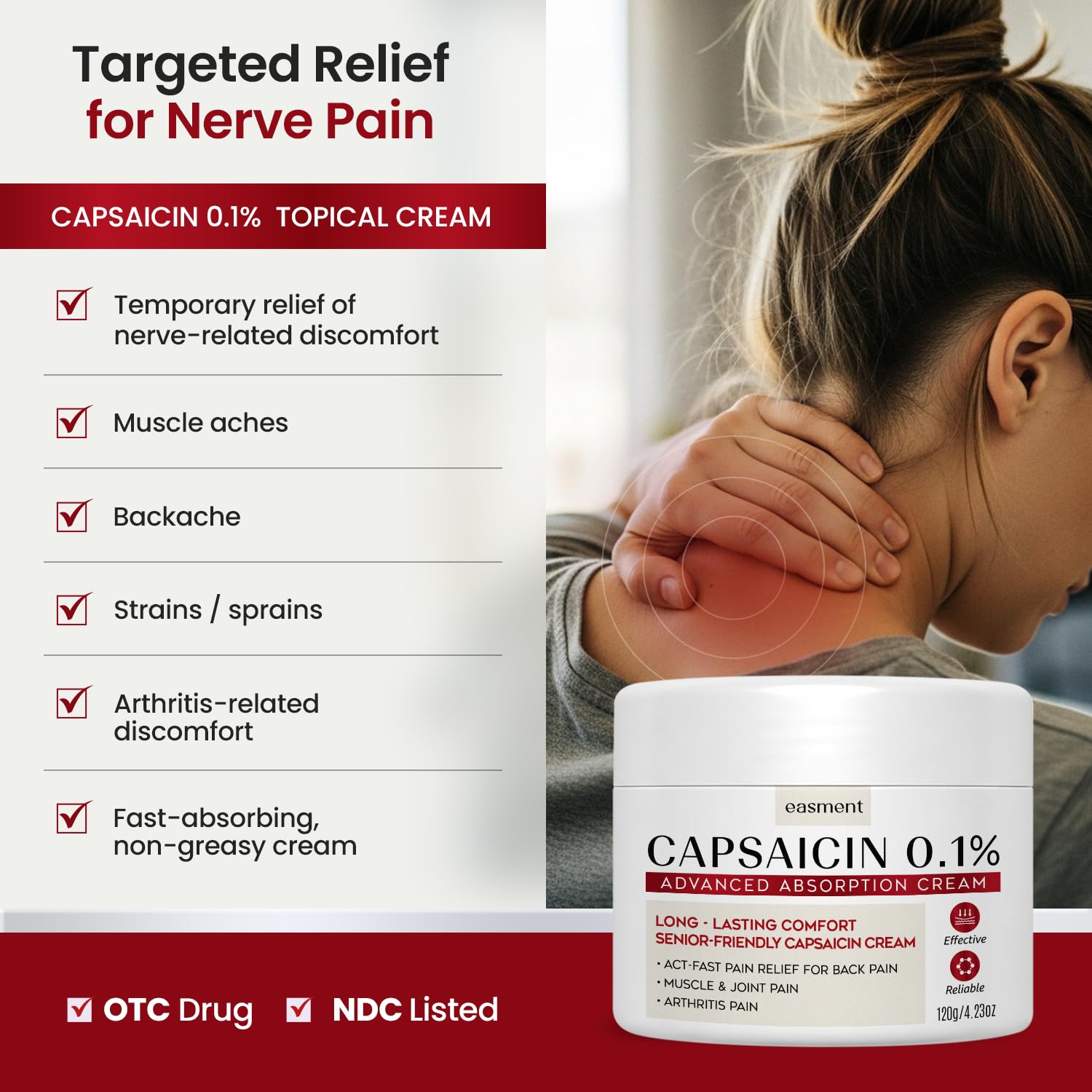 Easment Capsaicin Pain Relief Cream – Topical Arthritis & Muscle Pain Relief for Joint, Nerve & Back Pain – Medicated Pain Cream with Capsaicin 0.1% – Arnica, Aloe & Chamomile, 4.23 Fl Oz - dailyvitalstore
