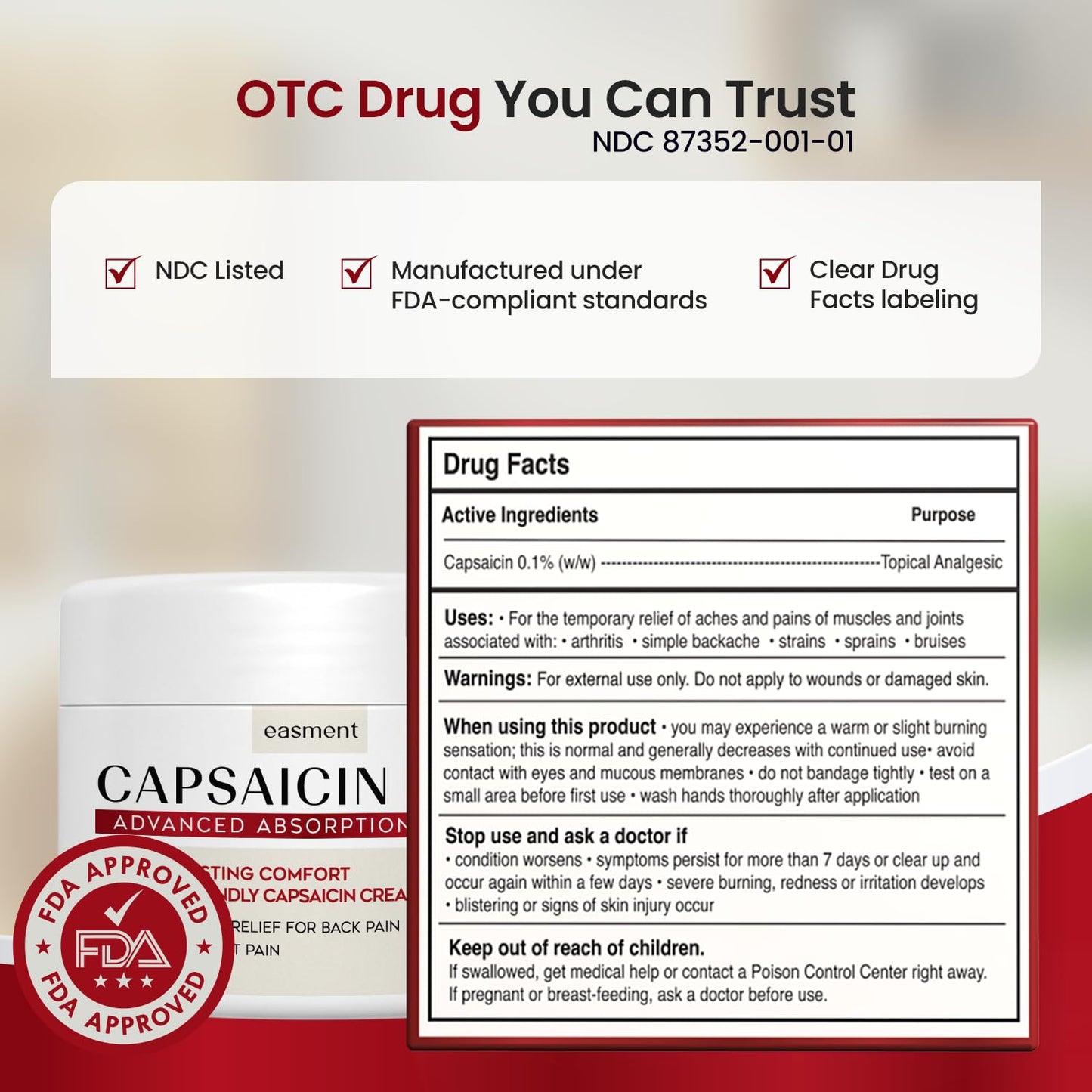 Easment Capsaicin Pain Relief Cream – Topical Arthritis & Muscle Pain Relief for Joint, Nerve & Back Pain – Medicated Pain Cream with Capsaicin 0.1% – Arnica, Aloe & Chamomile, 4.23 Fl Oz - dailyvitalstore