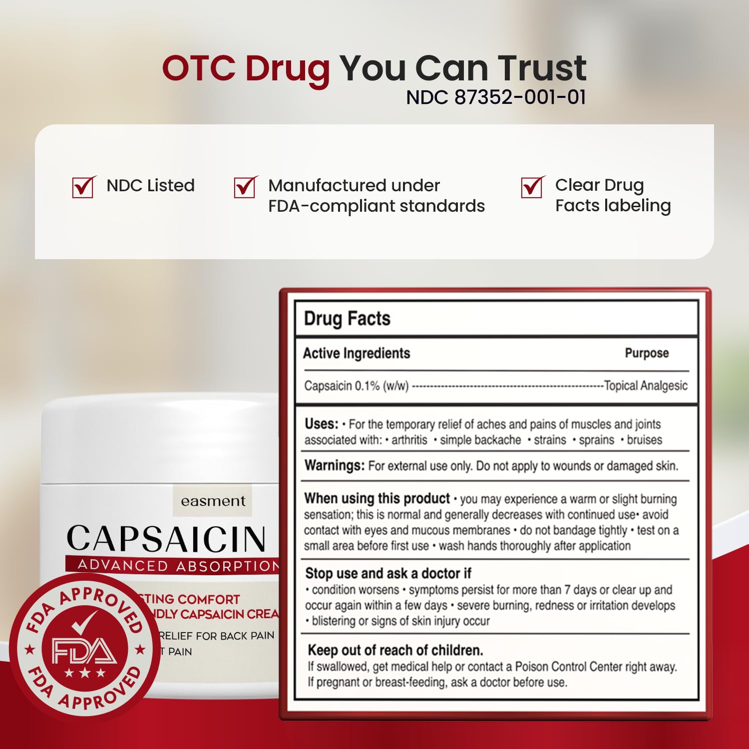 Easment Capsaicin Pain Relief Cream – Topical Arthritis & Muscle Pain Relief for Joint, Nerve & Back Pain – Medicated Pain Cream with Capsaicin 0.1% – Arnica, Aloe & Chamomile, 4.23 Fl Oz - dailyvitalstore