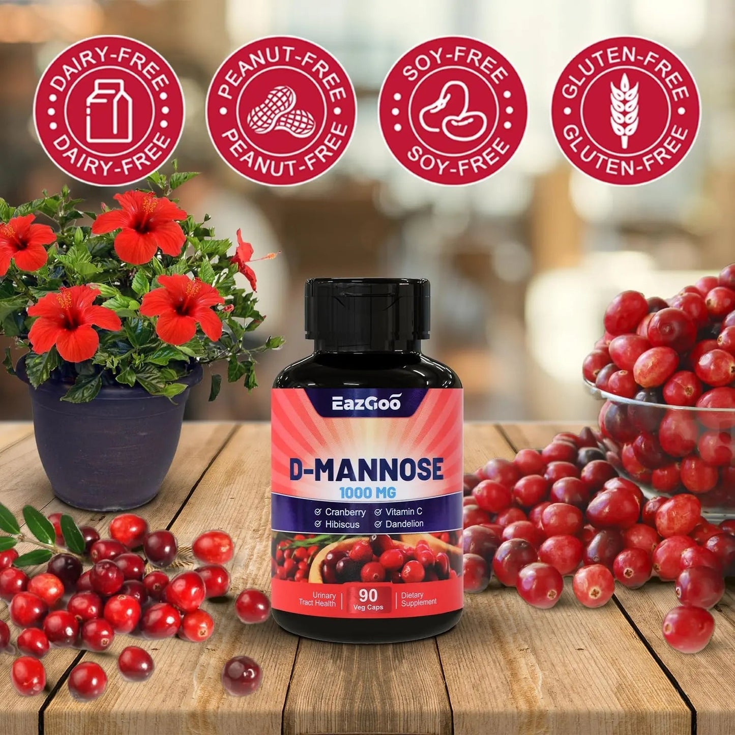 EAZGOO D-Mannose Supplement – 1000mg Capsules with Cranberry, Vitamin C, Hibiscus & Dandelion Extract, Support Urinary Health, D Mannose & Cranberry Capsules, 90 Count(Pack of 2) - dailyvitalstore