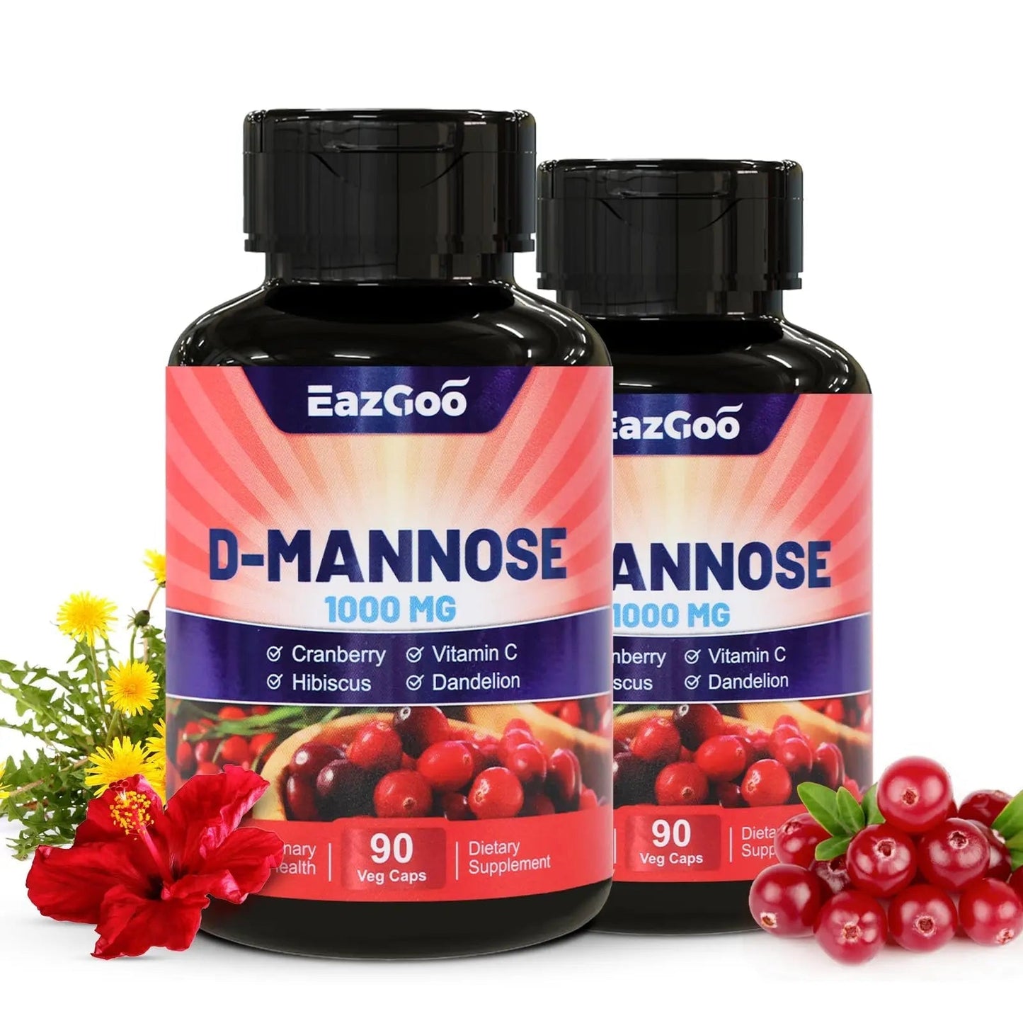 EAZGOO D-Mannose Supplement – 1000mg Capsules with Cranberry, Vitamin C, Hibiscus & Dandelion Extract, Support Urinary Health, D Mannose & Cranberry Capsules, 90 Count(Pack of 2) - dailyvitalstore