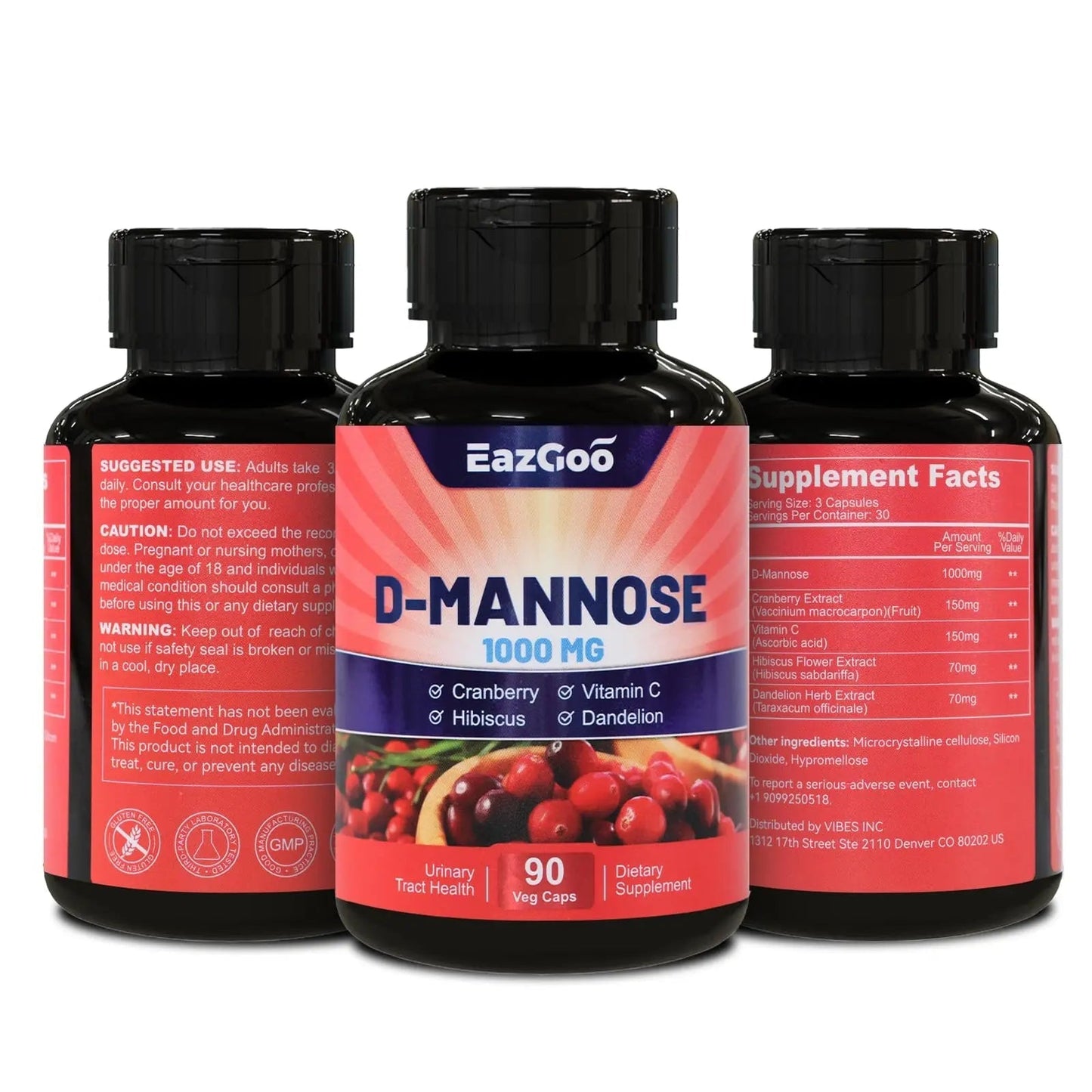 EAZGOO D-Mannose Supplement – 1000mg Capsules with Cranberry, Vitamin C, Hibiscus & Dandelion Extract, Support Urinary Health, D Mannose & Cranberry Capsules, 90 Count(Pack of 2) - dailyvitalstore