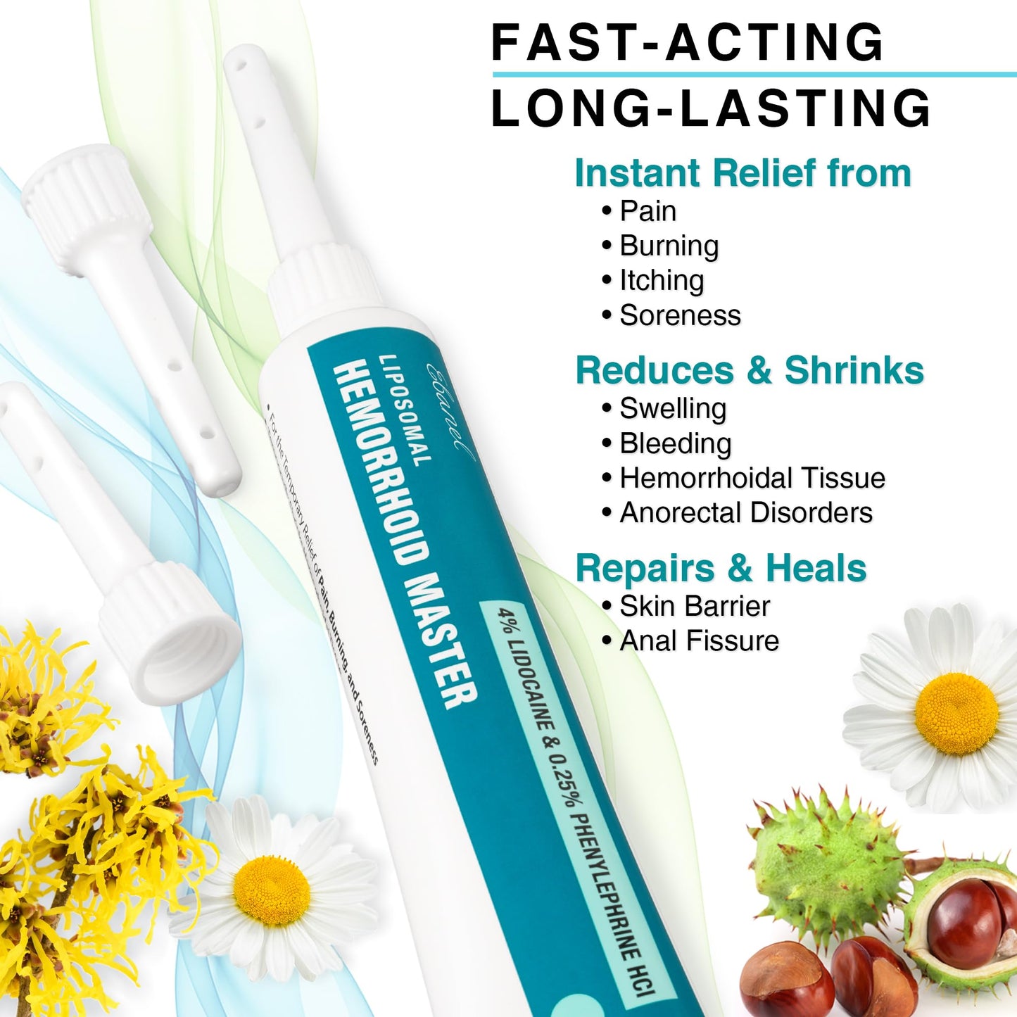 Ebanel 4% Lidocaine Hemorrhoid Treatment Ointment with Phenylephrine, Witch Hazel, Vitamin B6, Zinc Oxide, Frankincense, External and Internal Hemorrhoids Treatment Burn Itch Pain Relief Anal Cream - dailyvitalstore
